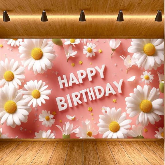 7x5FT Pink White Daisy Flower Theme Birthday Backdrop Decorations Happy Birthday Backdrop Spring Birthday Party Photography Background for Women Girls Baby Shower Birthday Party Supplies Decor