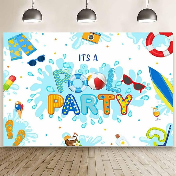7x5FT Pool Party Backdrop Splish Splash Pool Party Photography Background Blue Summer Beach Balls Boys Pool Party Decor Tropical Swim Ring Ice Cream Holiday Birthday Party Banner Photo Props