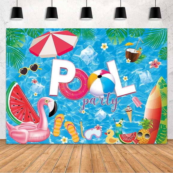 7x5FT Pool Party Backdrop Summer Pool Party Decoration Banner Beach Ball Swim Surfboard Tropical Palm Leaf Flamingo Photography Background Pool Birthday Party Backdrop Photo Booth Supplies