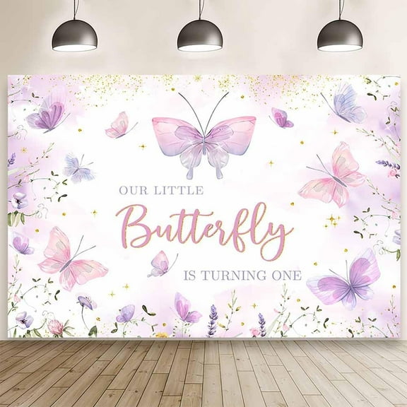 7x5FT Purple Butterfly Themed Girl Birthday Backdrop Our Little Butterfly is Turning One Photography Background Floral Gold Spots Flowers Happy 1st Birthday Party Decorations Banner Photo Booth Props