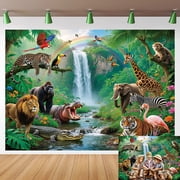 7x5FT Rainforest Jungle Backdrop Summer Tropical Rainforest Falls Waterfall Palm Leaves Animals Photography Background for Kids Birthday Party Church Event Classroom Decor Photo Studio Props Vinyl