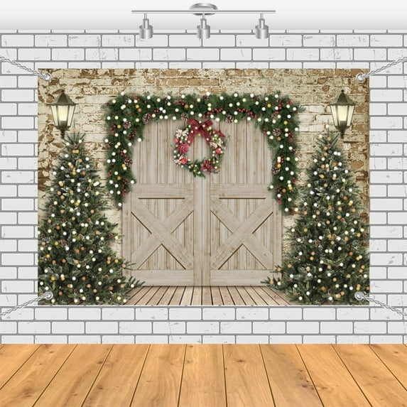 7x5ft Grey Brick Wall Wooden Door Pine Tree Wreath Christmas Backdrop
