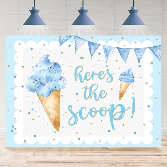 7x5FT Here's The Scoop Backdrop Blue Ice Cream Summer Baby Shower Background for Boys Girls Watercolor Ice Cream Newborn Birthday Party Decorations Banner Supplies Photo Booth Props