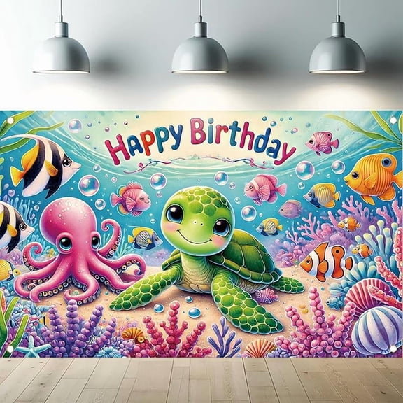 7x5FT Under The Sea Cute Birthday Backdrop Party Decoration Ocean Turtle Decorations Birthday Party Photography Background Banner for Underwater Blue Baby Shower Birthday Supplies