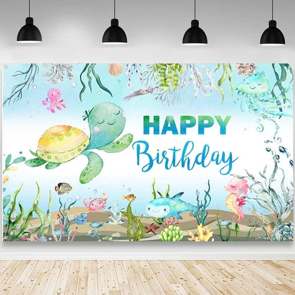 7x5FT Under The Sea Theme Groovy Birthday Backdrop Ocean Animal Photography Background Turtle Seahorse Corals Underwater Blue Birthday Party Decorations Banner Photo Props