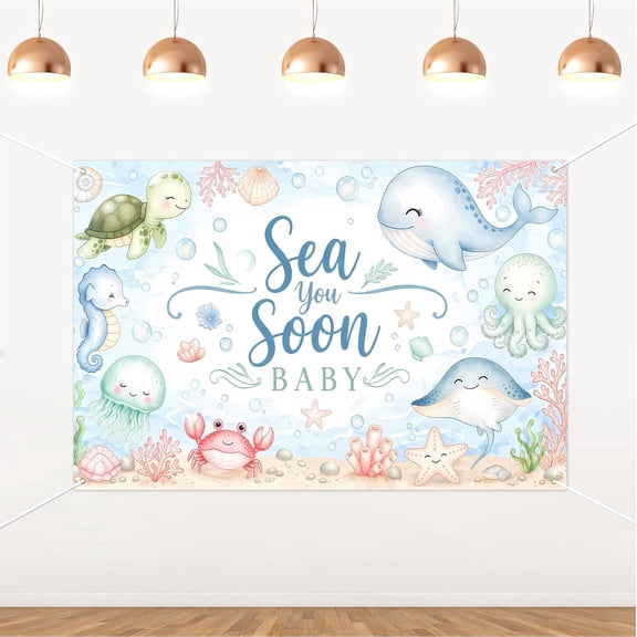 7x5FT Sea You Soon Baby Shower Backdrop Watercolor Ocean Animal Birthday Background Underwater Whale Turtle Jellyfish Baby Shower Party Decorations Banner Photo Booth Props