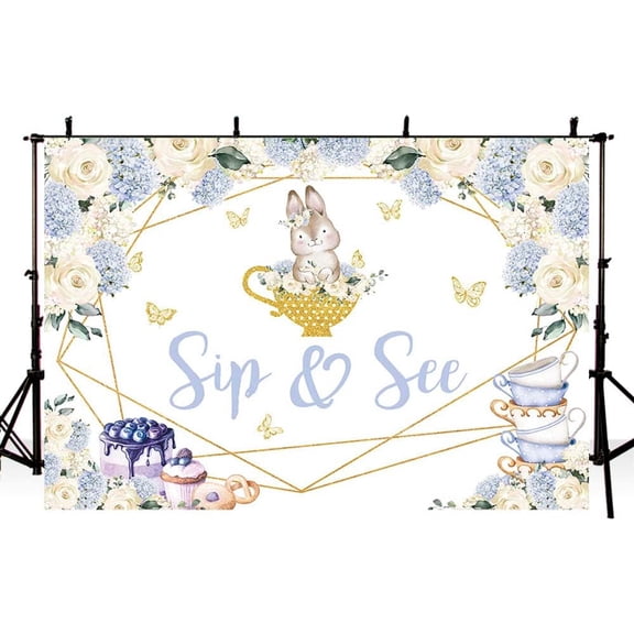 7x5FT Sip and See Baby Shower Backdrop White Blue Flowers Rabbit Teacups Photography Background Bunny Blue Cherry Baby Shower Party Decorations Banner Supplies Photo Booth Props