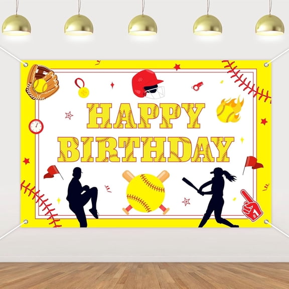 7x5FT Softball Birthday Backdrop Sport Theme Yellow Softball Happy Birthday Background for Girl Women Bday Party Decorations Banner Supplies Photo Booth Props