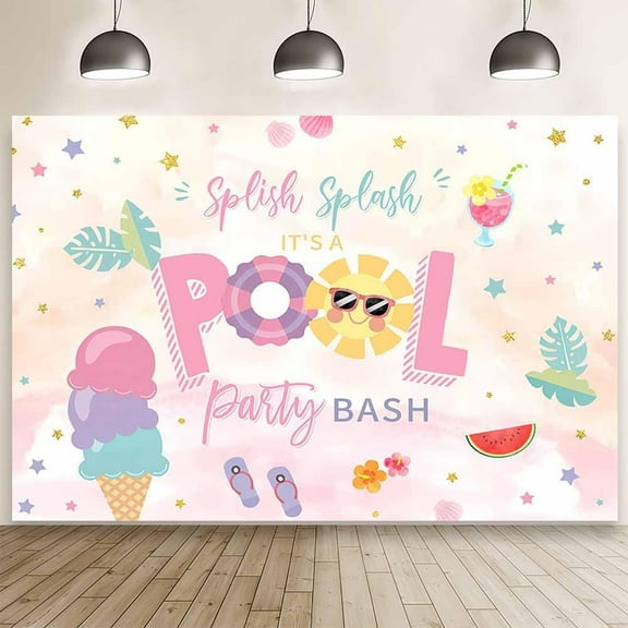7x5FT Splish Splash Party Backdrop, Ice Cream Pool Party Girls Photography Background, Pink Summer Tropical Palm Leaves Swimming Birthday Decor, Summer Beach Holiday Party Banner, Photo Props