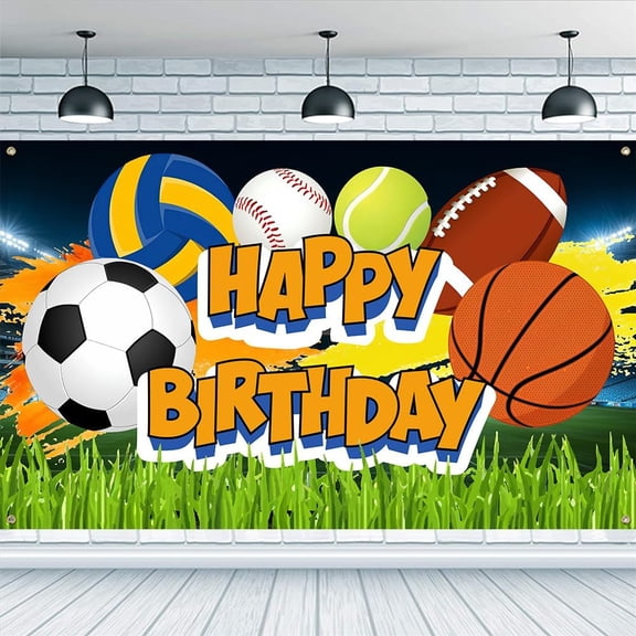 7x5FT Sports Theme Happy Birthday Backdrop Football Basketball Baseball Volleyball Backdrop Happy Birthday Grass Banner Colorful Banner Decorations Sports Theme Banner for Birthday Party