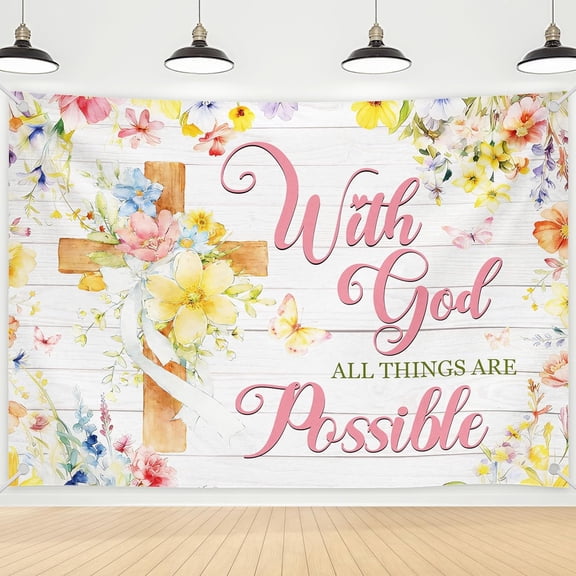 7x5FT Spring Christian Backdrop with God All Things are Possible Background Religious Cross Faith Wildflower Butterfly God Party Decorations Banner Supplies Photo Booth Props