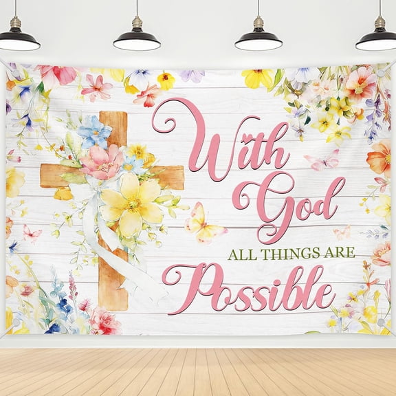 7x5FT Spring Christian Backdrop with God All Things are Possible Background Religious Cross Faith Wildflower Butterfly God Party Decorations Banner Supplies Photo Booth Props