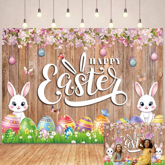 7x5FT Spring Easter Backdrop Easter Eggs Rabbit Flowers Grass Background for Easter Party Decoration Backdrop Children Adult Birthday Party Decor Banner