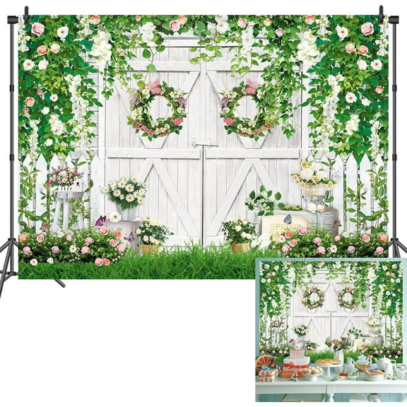 7x5FT Spring Flower Wall Backdround White Brick Spring Flower Wall Backdrop Green Leaves Butterfly Wedding Background Bridal Baby Shower Supplies