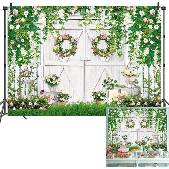 7x5FT Spring Flower Wall Backdround White Brick Spring Flower Wall Backdrop Green Leaves Butterfly Wedding Background Bridal Baby Shower Supplies