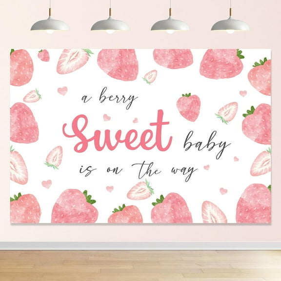 7x5FT Strawberry Baby Shower Backdrop, A Berry Sweet Baby is On The Way Gender Reveal Photography Background, Newborn Girl Summer Fruit Party Decorations Photo Booth Props