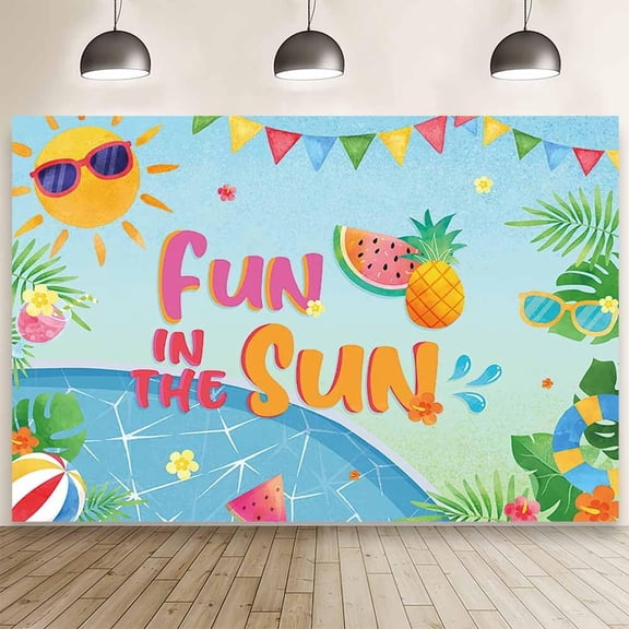 7x5FT Summer Fun in The Sun Backdrop Hawaiian Swimming Pool Party Photography Background Tropical Enjoy Sunshine Birthday Party Decor Colorful Flag Holiday Party Banner Cake Smash Photo Props