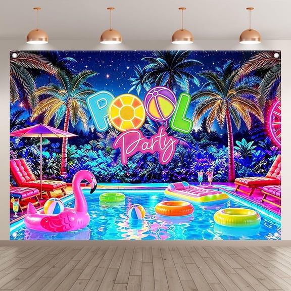7x5FT Summer Swimming Pool Party Backdrop Hawaiian Tropical Night Background Neon Lights Palm Trees Swim Ring Luau Party Decorations Banner Supplies Photo Booth Props