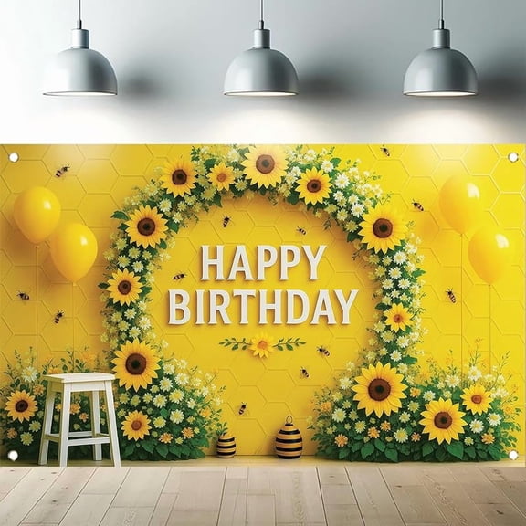 7x5FT Sunflower Theme Happy Birthday Beautiful Backdrop Birthday Bee Yellow Floral Banner Honeycomb Photography Background for Women Girls Birthday Party Supply Cake Table Photo Shoot Props