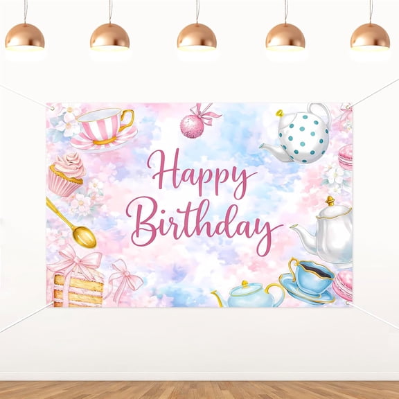 7x5FT Tea Party Happy Birthday Backdrop Pink Blue Watercolor Sweet Let's Partea Background for Women Girls Cup Cake Macaron Tea Time Birthday Party Decorations Banner Photo Booth Props