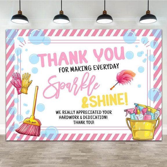 7x5FT Thank You for Making Everyday Sparkle and Shine Backdrop Housekeeping Week Appreciation Background Pink Broom Bubbles Party Decoration Banner for Housekeeping Workers