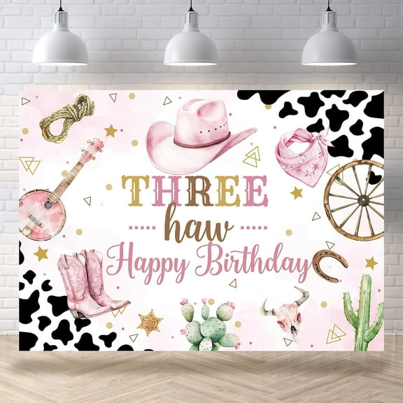 7x5FT Three Haw Happy Birthday Backdrop 3rd Rodeo Birthday Cowgirl Western Photography Background Girls Third Bday Party Decorations Cake Table Banner Supplies Photo Booth Props