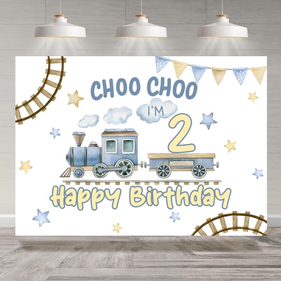 7x5FT Train 2nd Birthday Backdrop for Boys ChooChoo Blue Train Stars Photography Background Second Birthday Party Decorations Cake Table Banner Photo Booth Props
