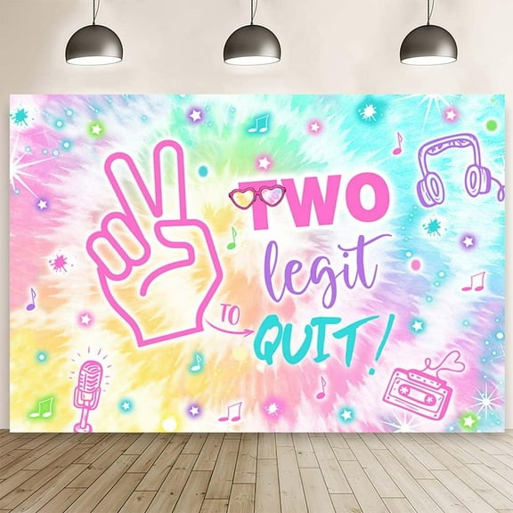 7x5FT Two Legit to Quit Cool Backdrop Girl Happy 2nd Birthday Photo Banner Tie Rainbow Photography Background Hip Hop Music Backdrops Microphone Colorful Stars Birthday Cake Smash Decorations