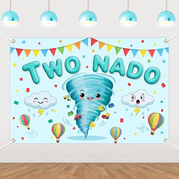 7x5FT Two Nado Birthday Backdrop Blue He is A Little 2 Nado Birthday Background Teal Two Tornado 2nd Birthday Party Decorations Banner Supplies Photo Booth Props