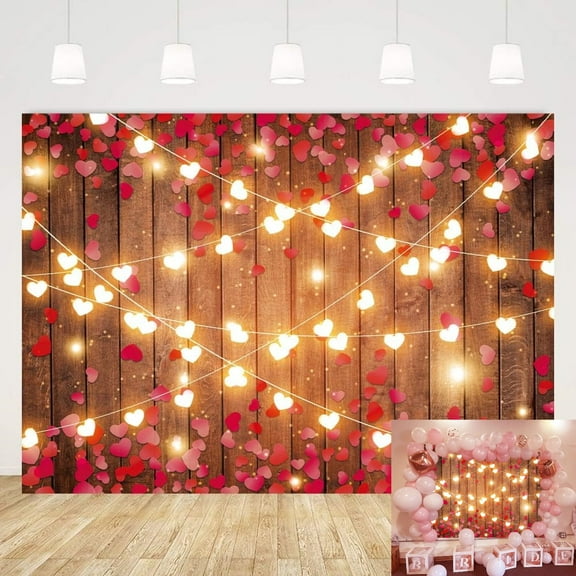 7x5FT Valentine's Day Backdrop Rustic Wood Floor Backdrop Mother's Day Lighting Love Mom Wooden Wall Background Bridal Anniversary Party Decor Supplies