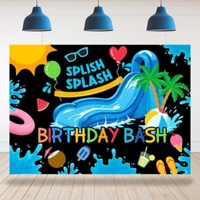 7x5FT Water Slide Birthday Bash Backdrop Splish Splash Summer Pool Background for Boys Blue Water Slide Pool Birthday Party Decorations Banner Supplies Photo Booth Props