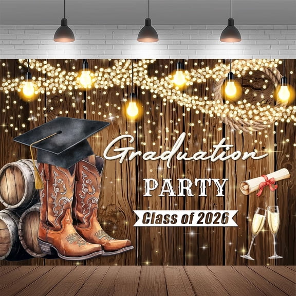 7x5FT Western Cowboy Graduation Backdrop Rustic Rodeo Boots Wooden Floor Class of 2026 Congrats Grad Background Western Congratulations Graduate Party Decorations Banner Photo Booth Props
