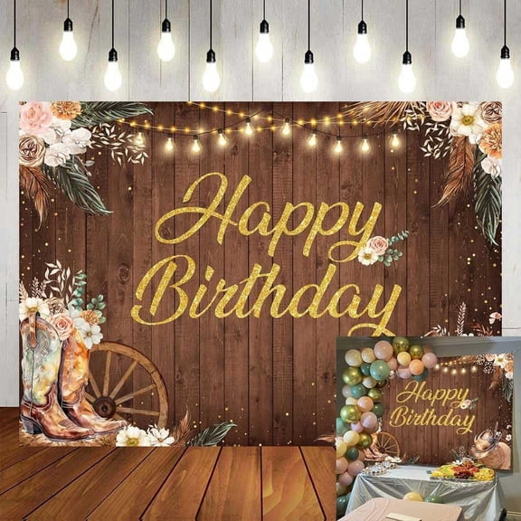 7x5FT Western Cowgirl Birthday Backdrop for Woman Rustic Country Wooden Retro Flower Grass Photography Background Cowgirl Birthday Party Decorations Photo Booth Studio Props