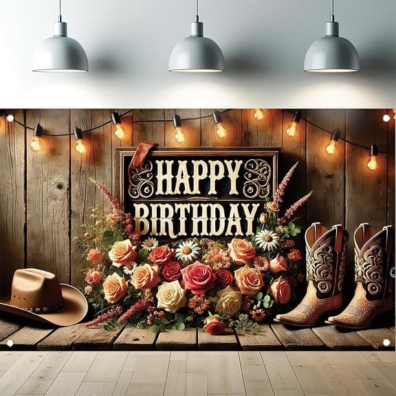 7x5FT Wild West Birthday Backdrop Banner Country Boot Hat Floral Glitter Rustic Wooden Photography Background for Man Woman Wild West Decorations Photo Booth Studio Props