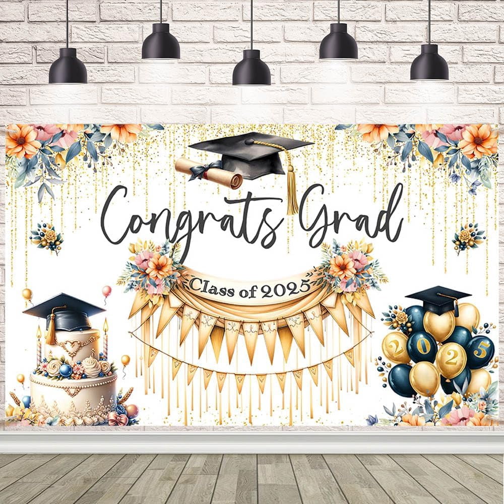 7x5Ft 2025 Congrats Grad Backdrop Gold Glitter Balloons Floral Class of ...