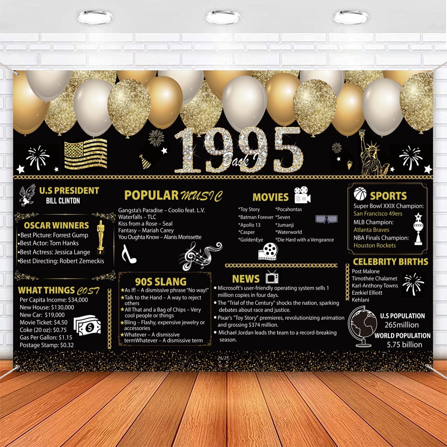 7x5Ft 30th Birthday Black Gold Party Backdrop Back in 1995 Decoration ...