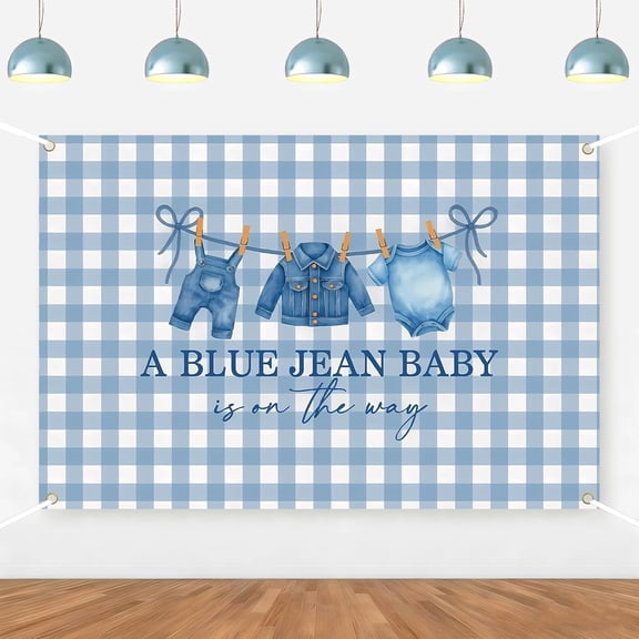 7x5Ft Blue Jean Baby Shower Backdrop A Blue Jean Baby is on The Way Background Gingham Little Denim Baby Birthday Party Decorations Supplies Cake Table Banner Photo Booth Props