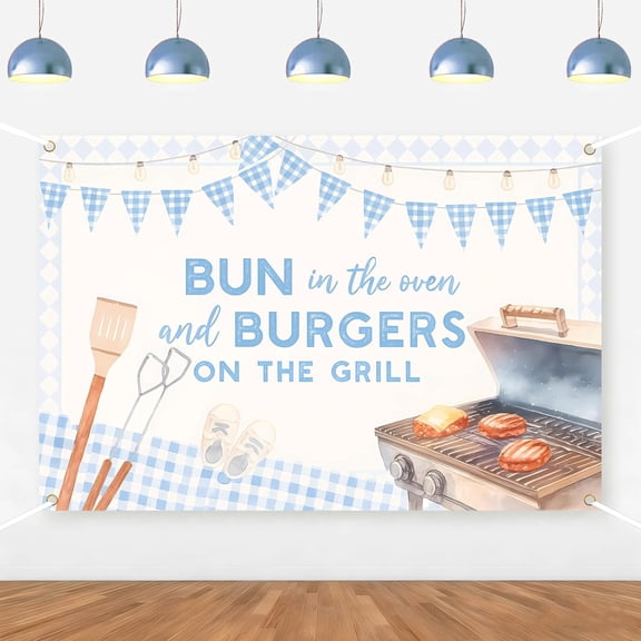 7x5Ft There's a Bun in The Oven Baby Shower Backdrop Bun in The Oven Burgers on The Grill Background Blue Gingham Hand Drawn Barbecue Bread Gender Reveal Party Decorations Banner Supplies