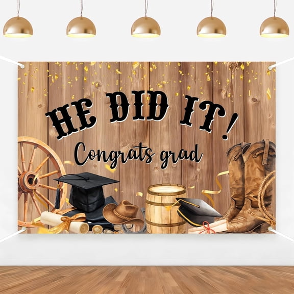 7x5Ft Cowboy Graduation Backdrop Western Cowboy Rustic Rodeo Boots Wooden Floor Photography Background Wild West Congrats Grad Class of 2026 Graduation Party Banner Photo Booth Props