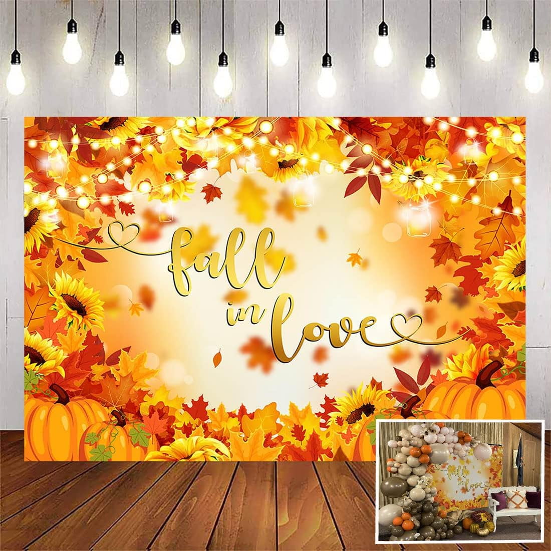 7x5ft Fall in Love Backdrop for Fall Wedding Bridal Shower Engagement Party Decorations Banner Couple Maple Leaf Pumpkin Photography Background Photo, image size:1100x1100