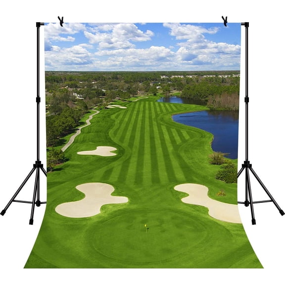 7x5Ft Golf Course Backdrop Blue Sky White Clouds and Bunker Green Grass Photography Background