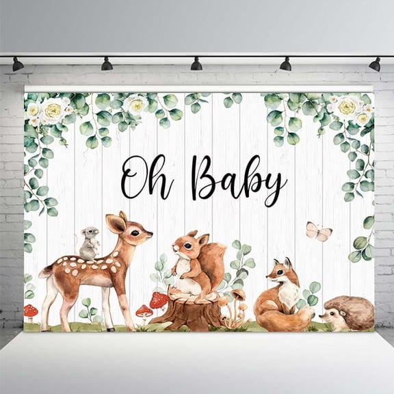 7x5Ft Oh Baby Woodland Animals Baby Shower Backdrop Forest Animal Friends Theme Deer Bear Squirrel Adventure Awaits Party Decorations Banner Photo Booth Props
