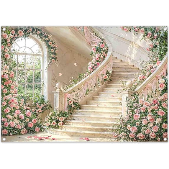 7x5Ft Palace Staircase Wedding Backdrop Spring Arch Window Floral Pink ...
