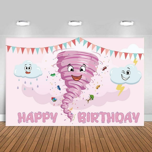 7x5Ft Pink Tornado Birthday Party Backdrop White Cloud Tornado Happy Birthday Photography Background for Girls Pink Tornado Golden Lightning Birthday Party Decorations Banner Photo Booth Props