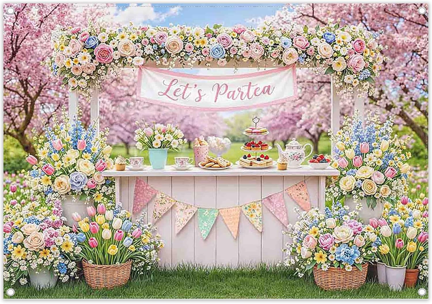 7x5Ft Spring Let's Partea Backdrop Pink Floral GardenTeapot Dessert ...