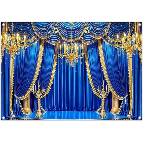 7x5Ft Theater Stage Photography Backdrop Blue Curtain Lantern Background Graduation Talent Show Anniversary Festival Party Decorations Banner Supplies Photo Booth Props