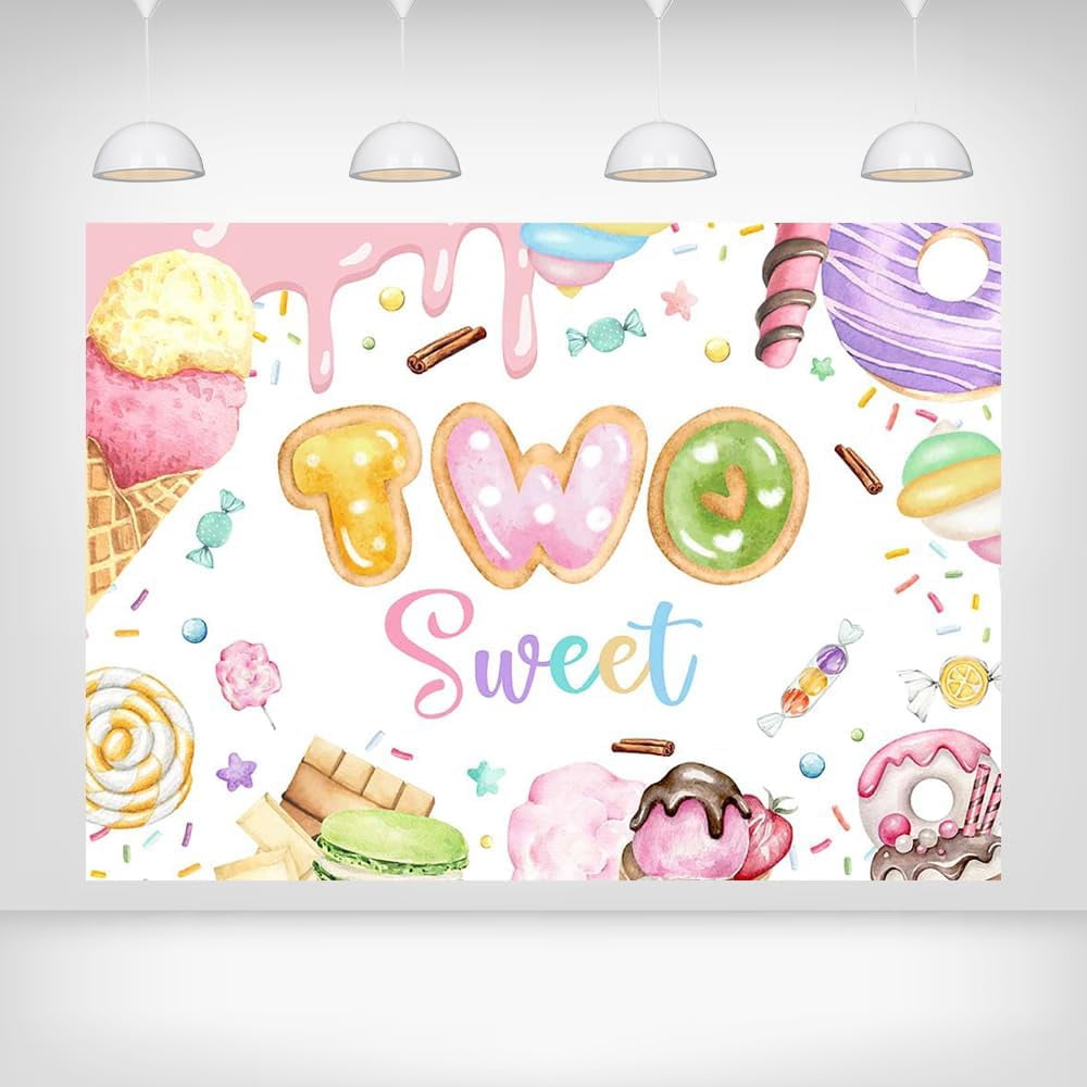 7x5Ft Two Sweet Backdrop for 2nd Birthday Party Ice Cream Donuts Candy ...