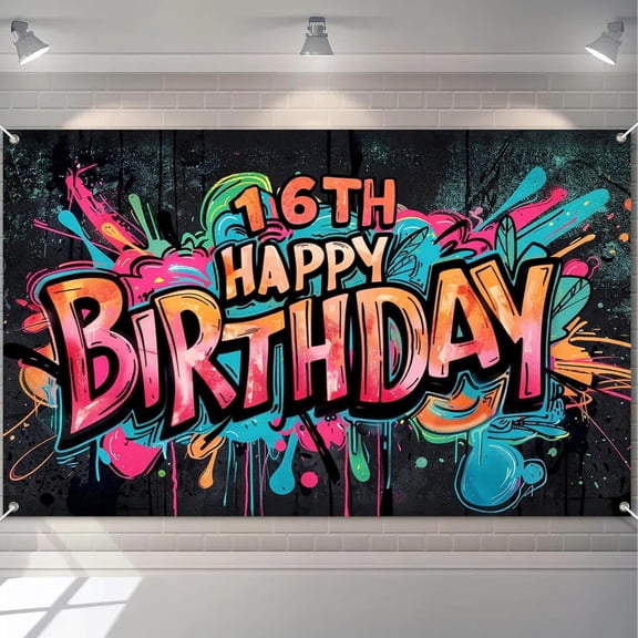 7x5ft 16th Happy Birthday Backdrop Graffiti Style Paint Splashes Balloons Flowers Candless Class of 2026 Graduation Background Congratulate Graduate Party Decorations Banner Photo Booth Props