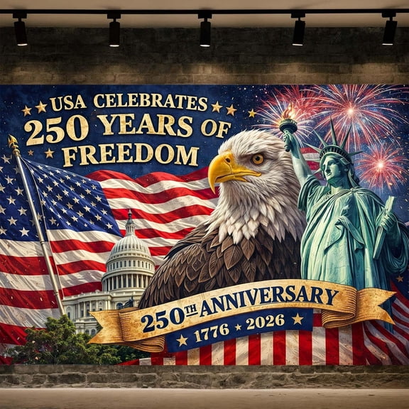 7x5ft 250th Anniversary Backdrop, USA 1776-2026 Patriotic Decor Banner, Independence Day 4th of July Patriotic Backdrop, Eagle Statue of Liberty Design for Memorial Day & Veterans Day Party Supplies