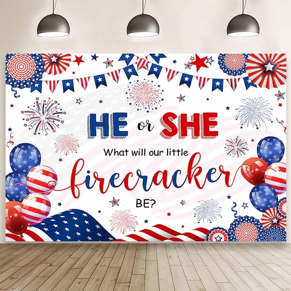 7x5ft Gender Reveal Backdrop - "He Or She? What Will Our Little Firework Be?" 4th Of July Photo Background